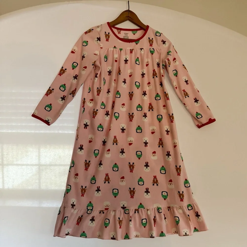 Carter's Girls Holiday Fleece Nightgown Pajamas Pink Reindeer Size 8-10